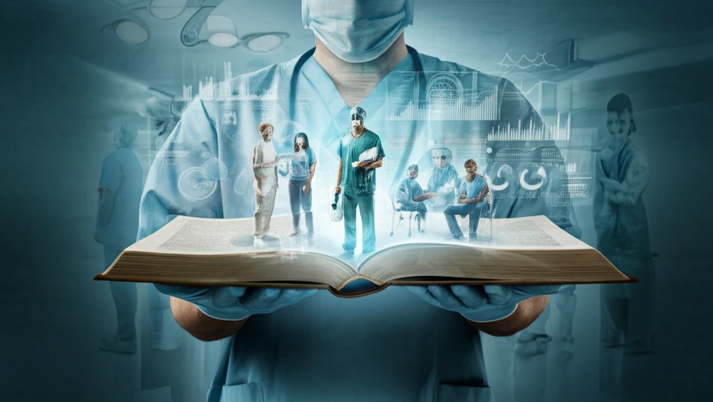Surreal illustration of transparency in healthcare symbolized by a surgeon holding an illuminated book of financial data.
