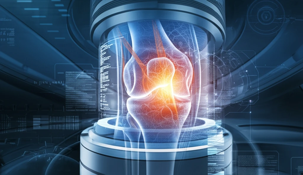 Surreal knee joint illustration with ACL highlighted in MRI imagery.