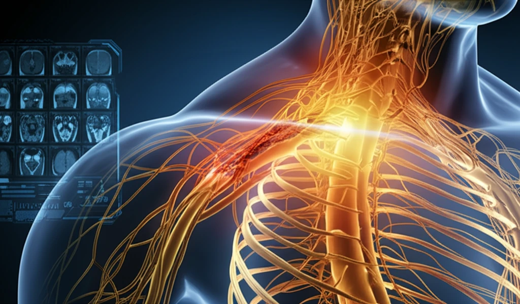 Illustration of a damaged brachial plexus with an MRI scan overlay.