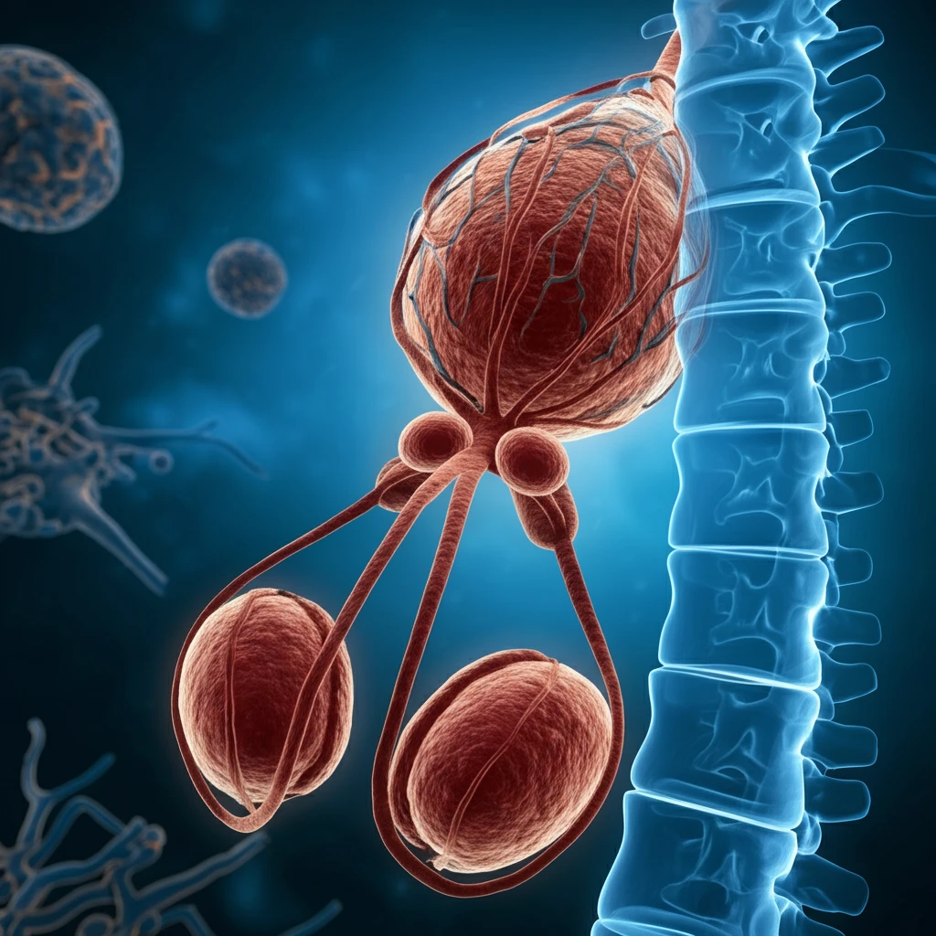 Spinal cord intertwined with a testicular cancer cell