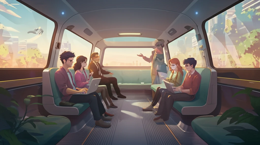 A futuristic self-driving car interior with people working, relaxing, and enjoying various activities.