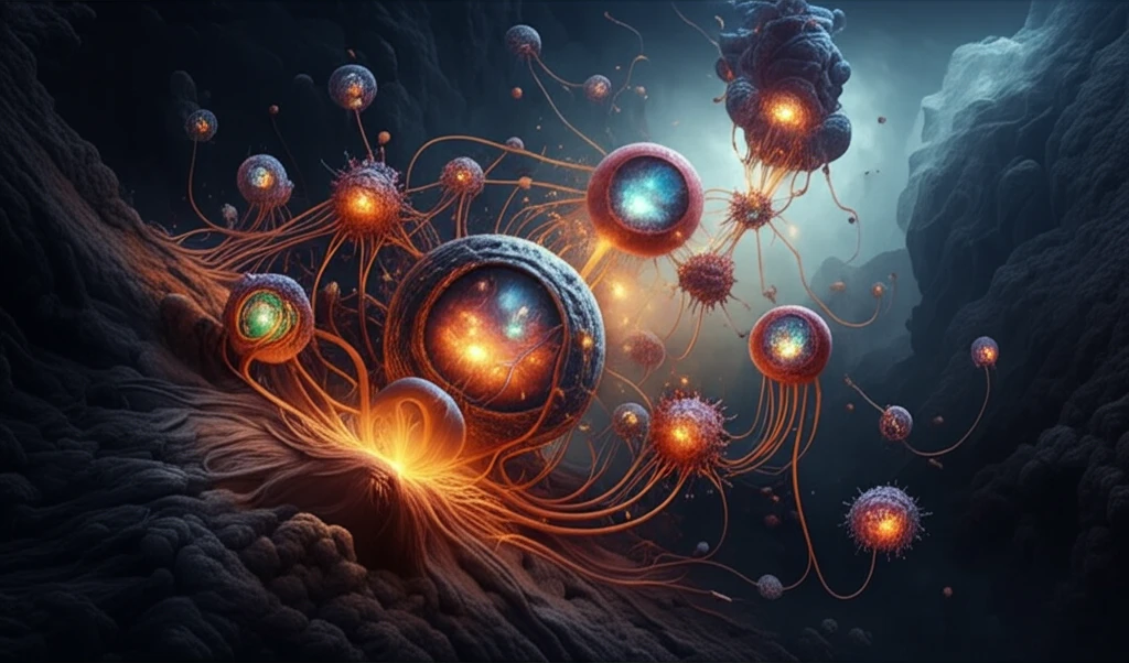 Interconnected ecosystems with glowing human immune cells, symbolizing eco-immunology.
