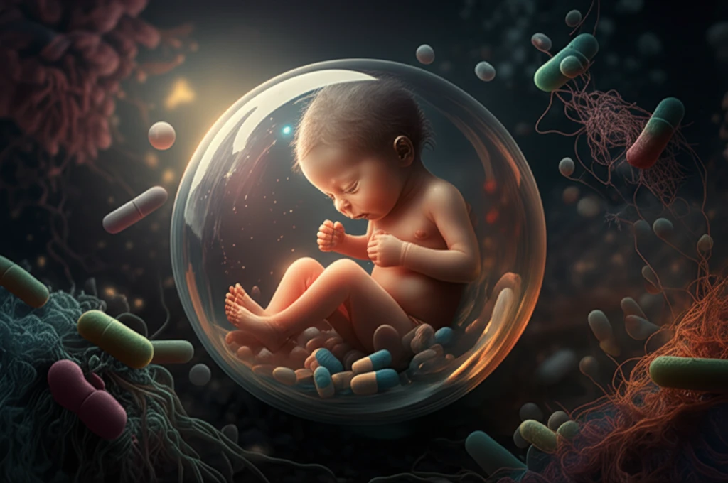 A newborn baby protected by a bubble against microscopic bacteria.
