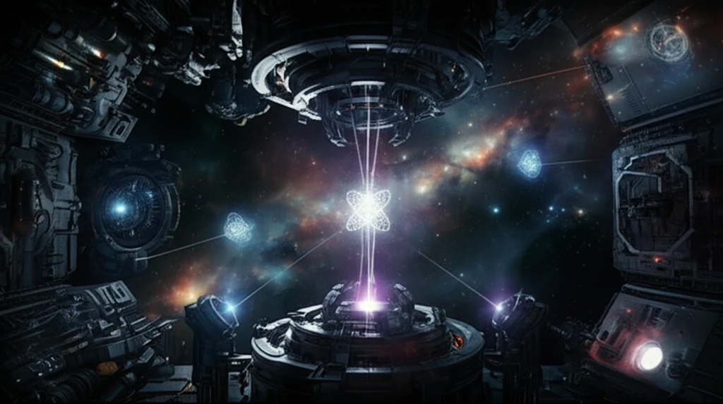 Laser beams trapping glowing, ethereal atoms.