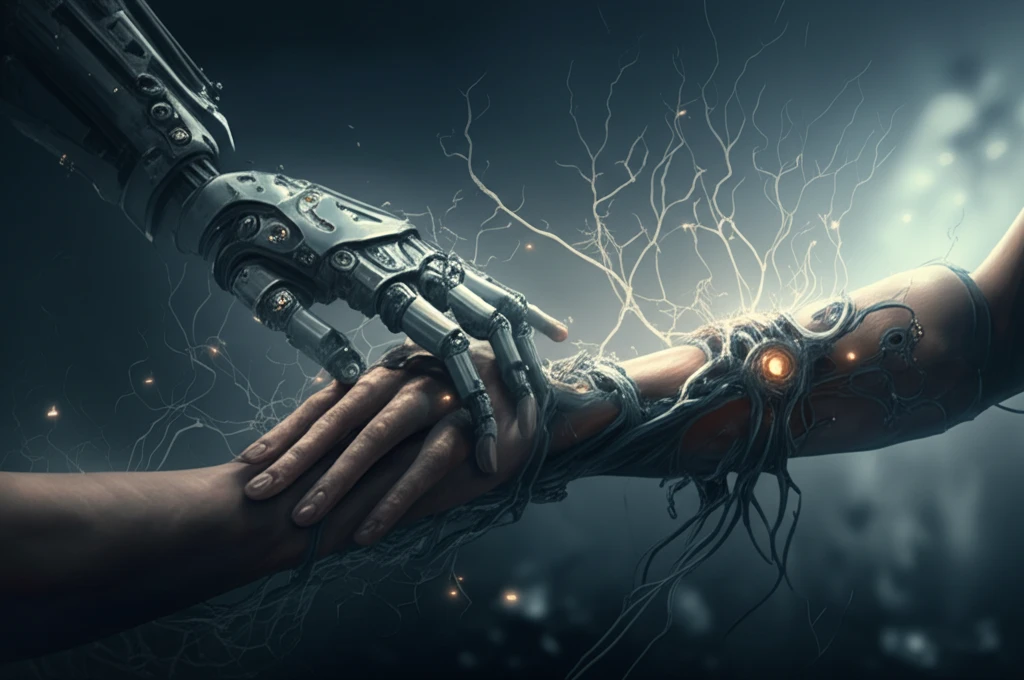 AI-assisted robotic arm gently supporting a human arm, symbolizing recovery and empowerment.