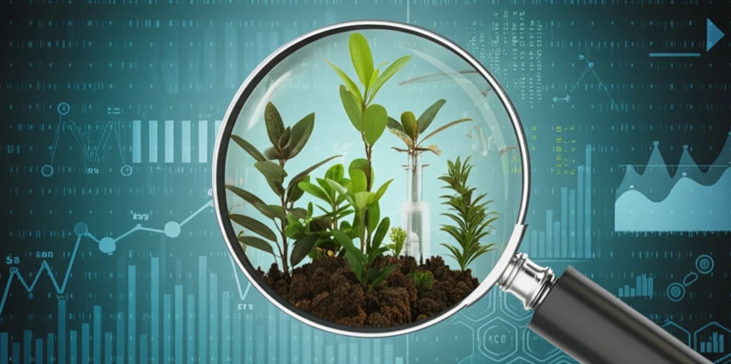 Surreal illustration of plants under a magnifying glass with statistical data in the background.