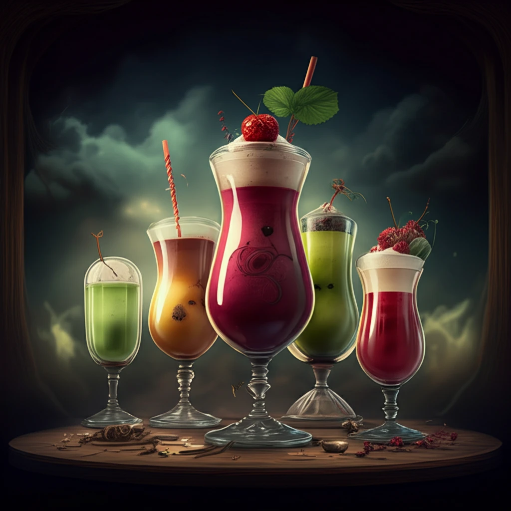 Surreal image of colorful fruit drinks with dark shadows symbolizing hidden dangers.