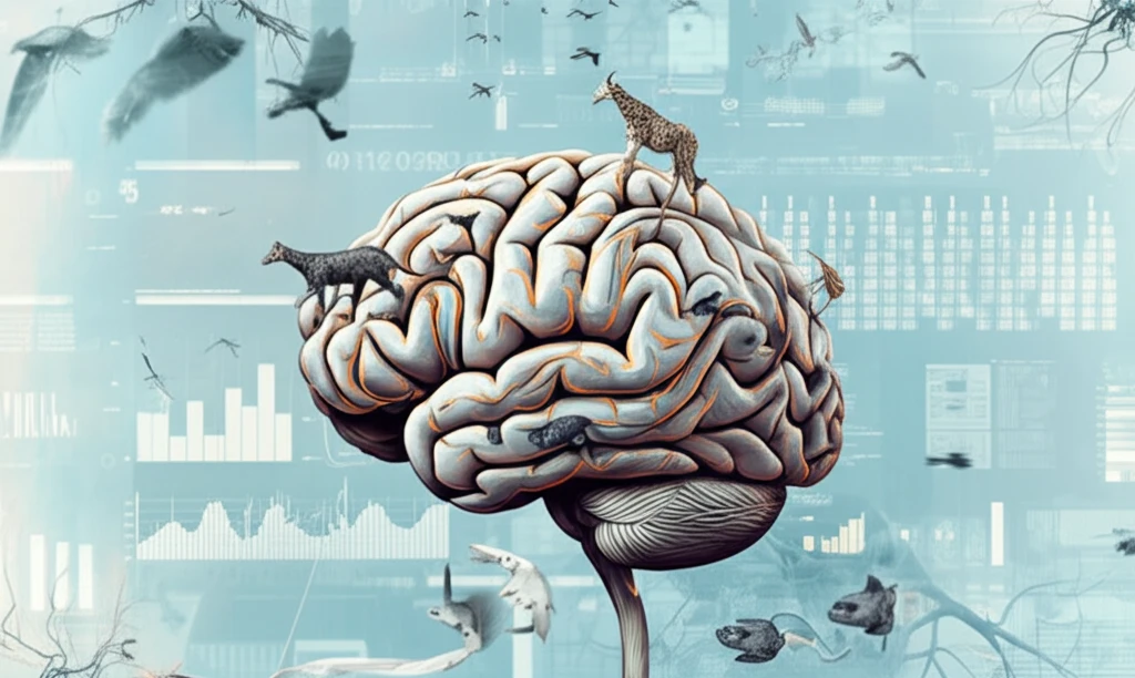 Brain with interconnected neural pathways and animals running across