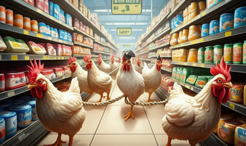 Chickens wearing consumer hats in a supermarket, symbolizing consumer demand driving the poultry industry.