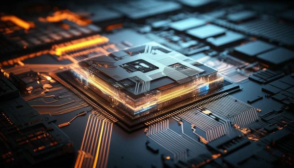 Surreal digital illustration of interconnected light pathways in a silicon chip.