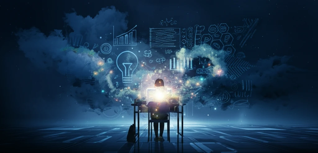 Surreal image of a student surrounded by swirling words, symbolizing innovative writing instruction.