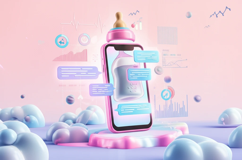 Digital illustration of infant feeding monitoring with baby bottle, smartphone, and health charts.