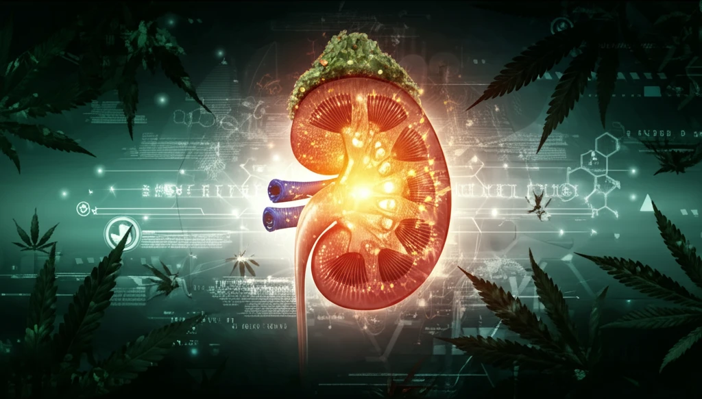 Illustration of a healthy kidney surrounded by cannabis leaves