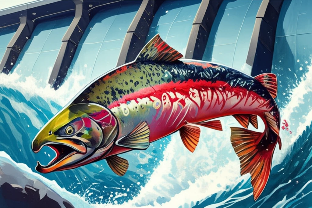 A salmon struggles against a dam, symbolizing the loss of genetic diversity.