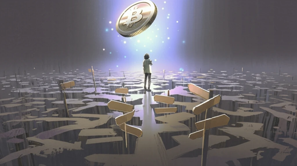 Overwhelmed person at a crossroads with a coin in the air.