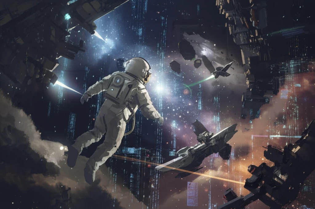 Astronaut surrounded by data streams in space