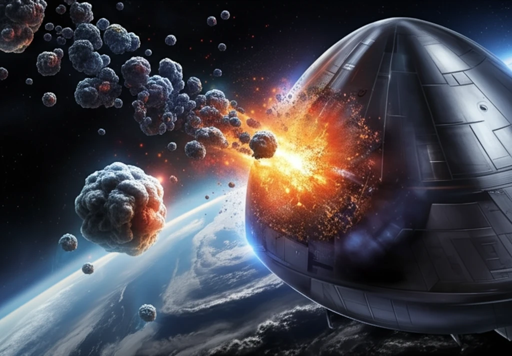 Futuristic spacecraft nose cone made of ZrB2-SiC material interacting with atomic oxygen in space.