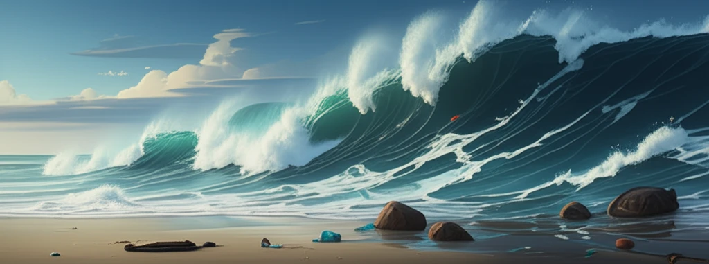 Beach scene with swirling winds and waves depositing plastic debris.