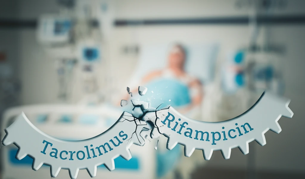 Tacrolimus and Rifampicin drug interaction visualized as gears disrupting each other.