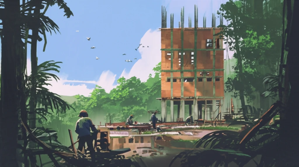 Construction workers building a skyscraper with red mud bricks, symbolizing sustainable construction.