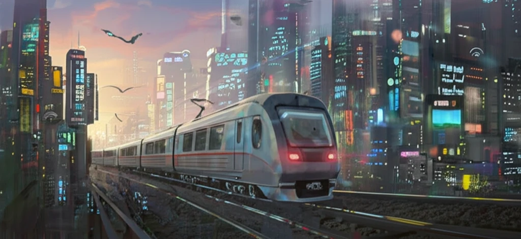 Futuristic train gliding through a vibrant cityscape, symbolizing efficient rail transport logistics.