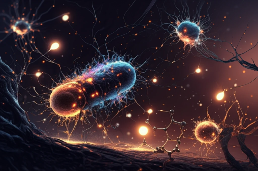 E. coli cells interconnected with glowing neural networks producing xylitol.
