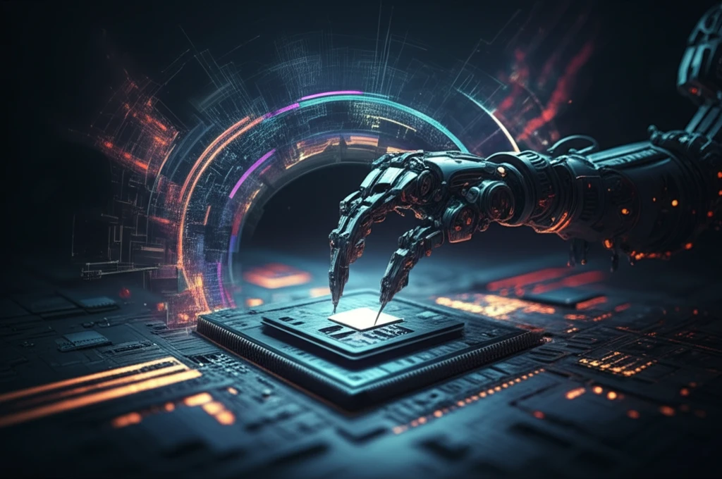 A robotic arm assembling a microchip amidst swirling patterns of noise.