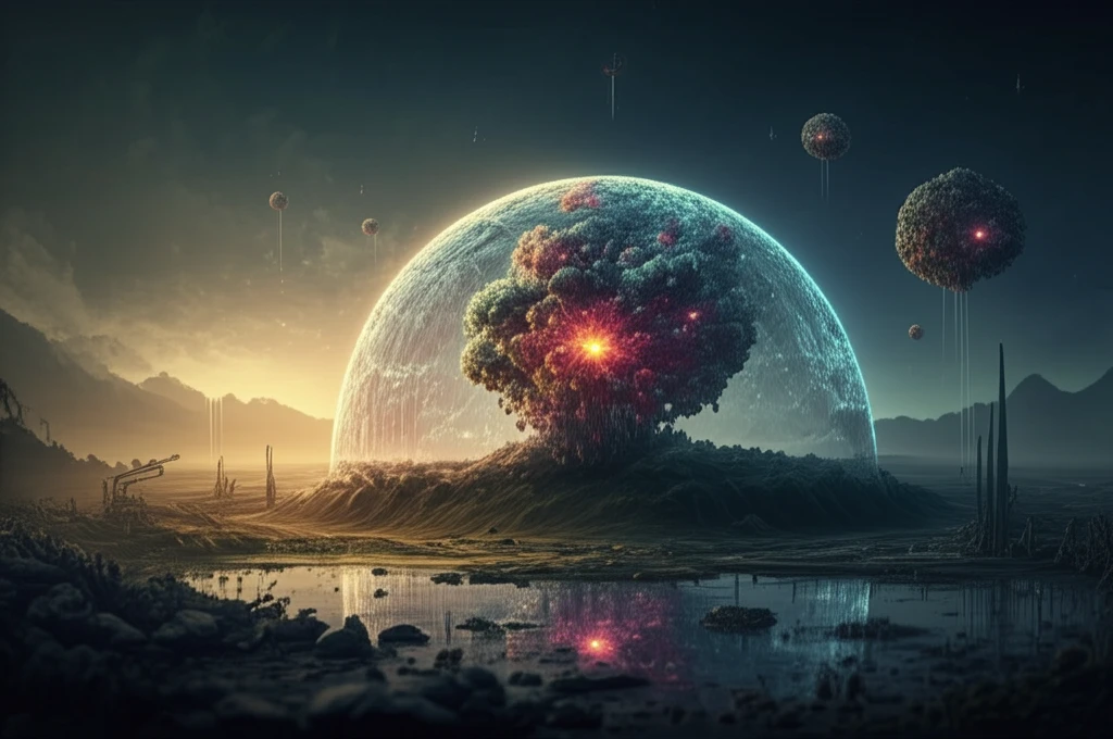 Surreal illustration of glowing uranyl peroxide clusters over a contaminated landscape.