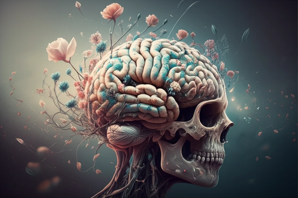 Brain intertwined with flowers, symbolizing allergies and the nervous system.