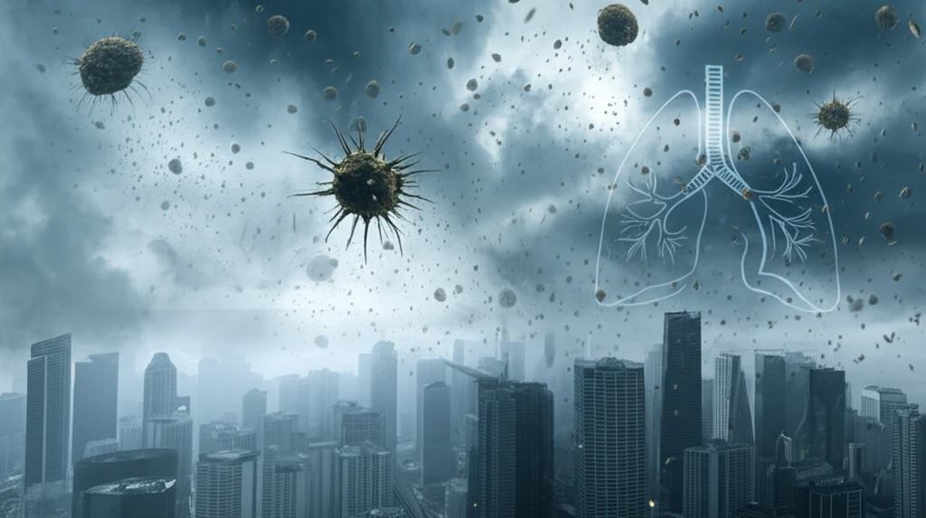 A hazy cityscape symbolizes the health risks of urban air pollution.