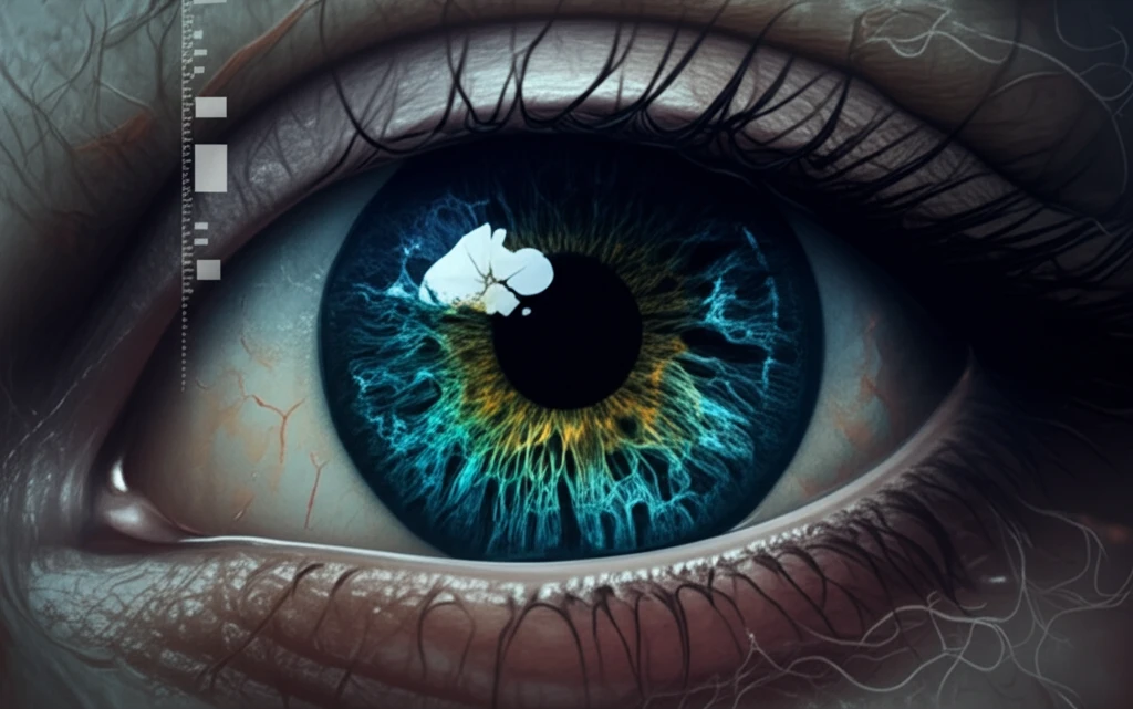 Surreal eye with glowing retinal ganglion cells, symbolizing the connection between the immune system and neurodegeneration in glaucoma.