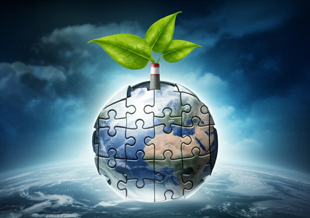 Surreal illustration of Earth with green leaves emerging from a smokestack