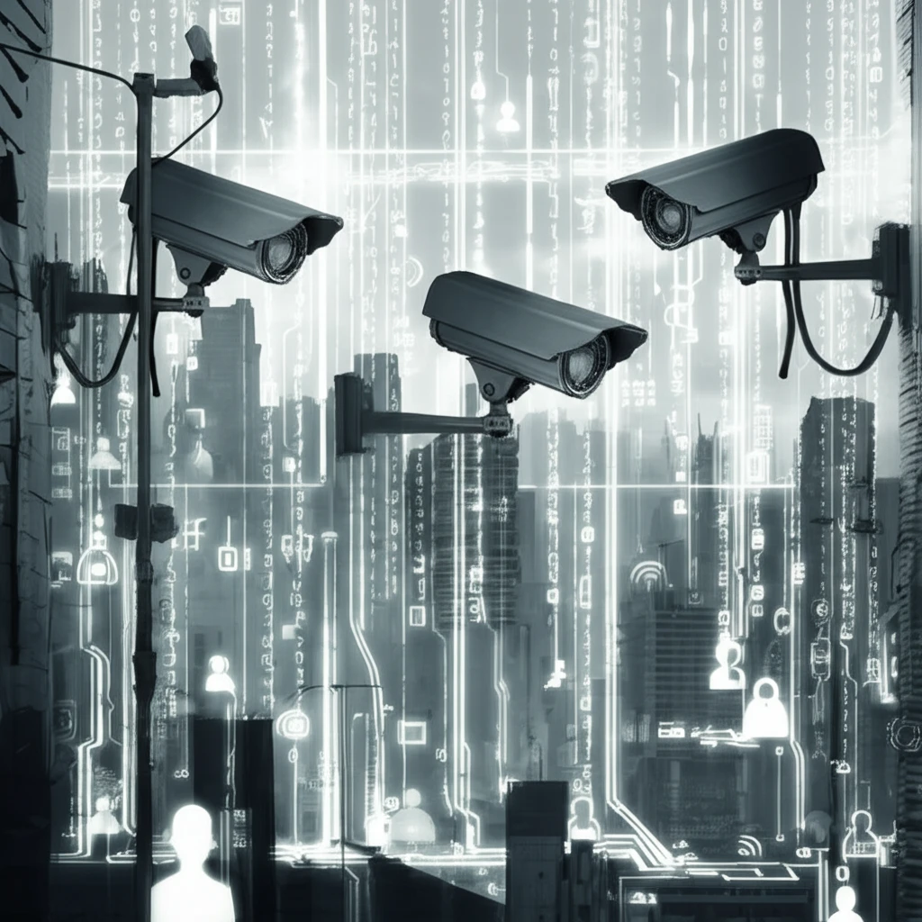 Digital cityscape with surveillance cameras symbolizing the tension between privacy and surveillance.