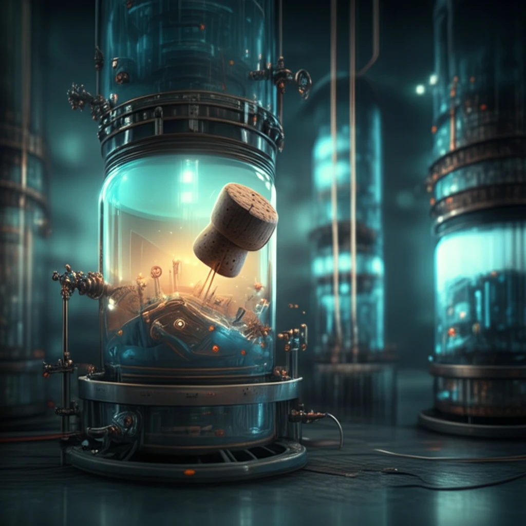 Surreal illustration of a glowing cork above electrochemical reactor, symbolizing taint-free wine.