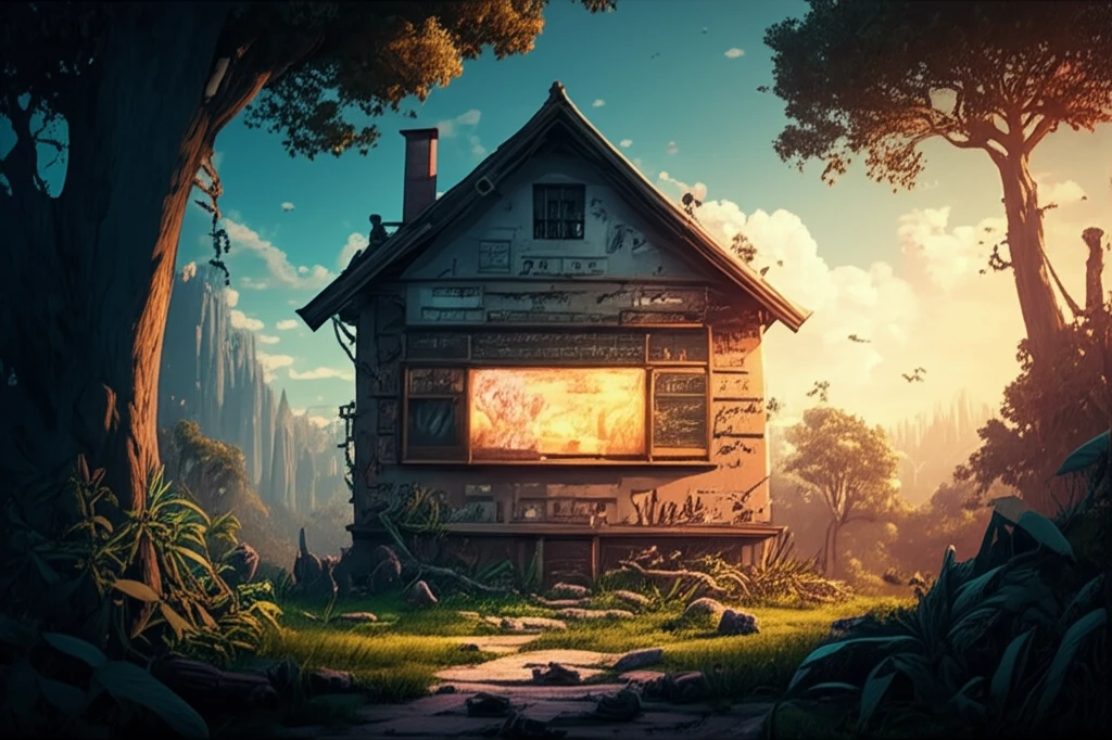 Vintage schoolhouse with glowing equations amidst a lush Brazilian landscape.