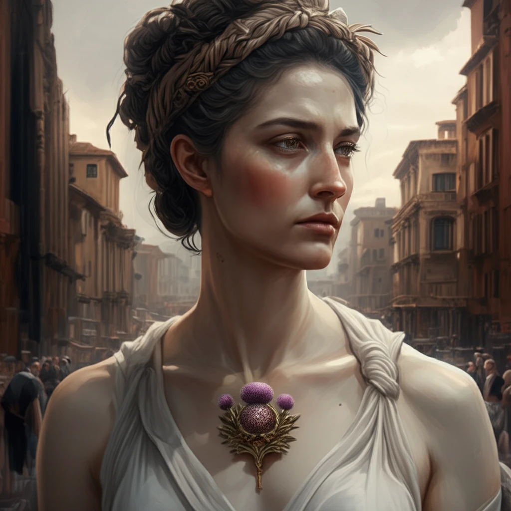 Illustration of a Roman woman with a thistle brooch, showcasing the blend of personal style and historical significance.