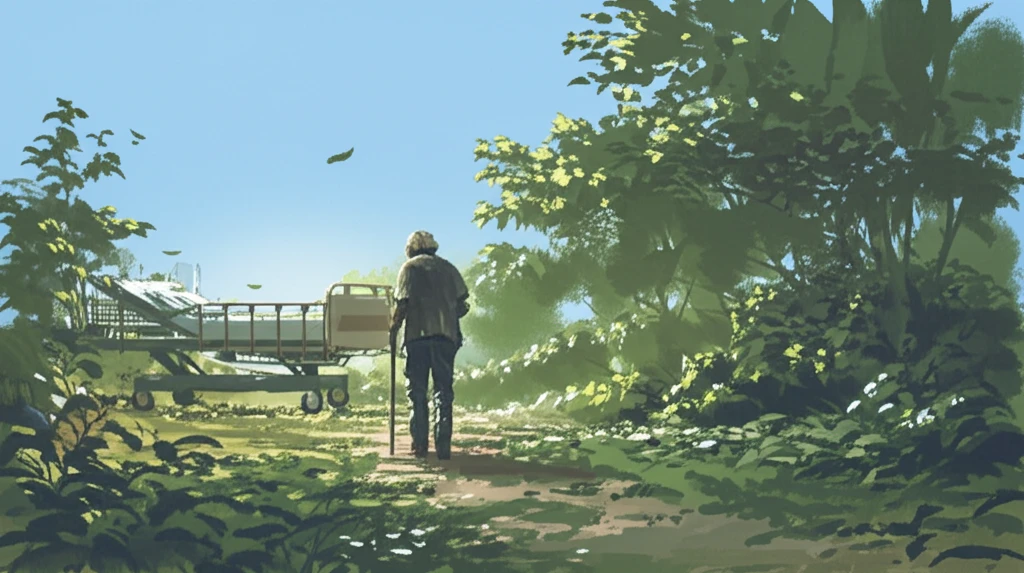 An elderly person confidently walking through a sunlit garden, symbolizing recovery and improved quality of life after colorectal cancer treatment.