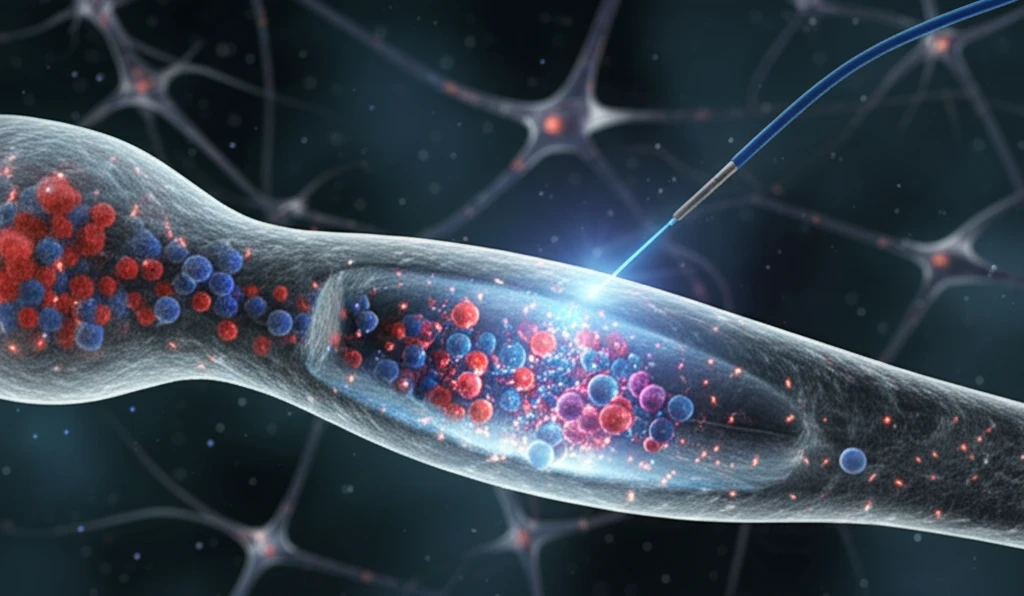 Microscopic view of a synapse firing in the brain with dopamine molecules and an electrode.