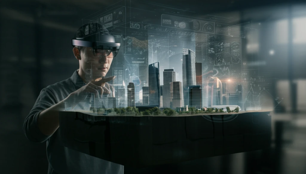 A person uses augmented reality to explore an urban environment.