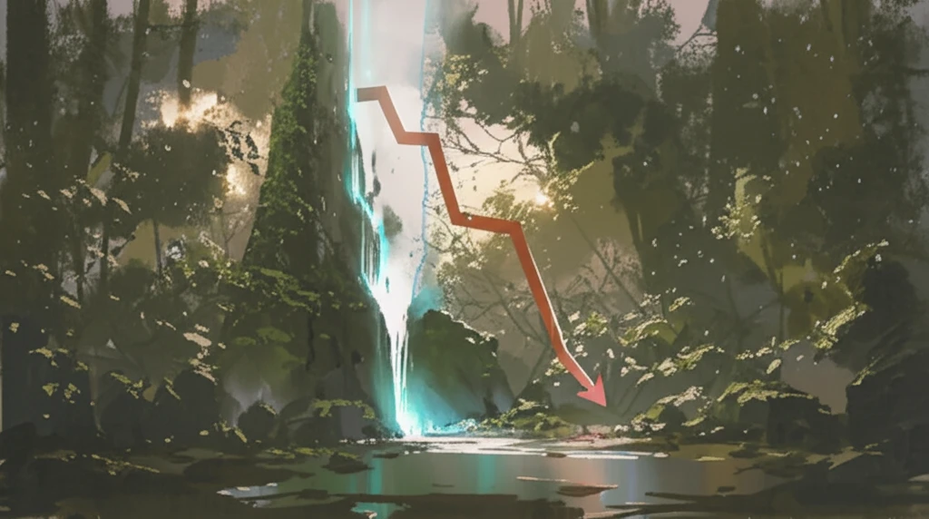 Melting graph in a decaying forest, symbolizing climate change's economic impact.
