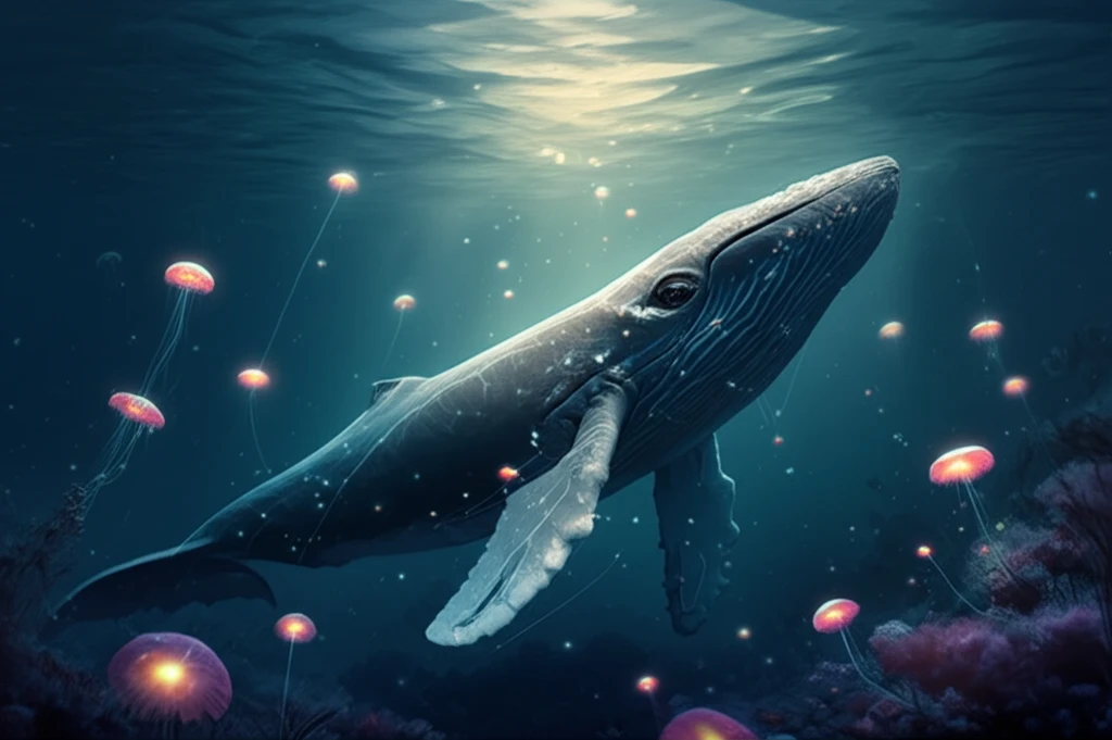 A deep-diving whale swims in a bioluminescent ocean, surrounded by data visualizations representing habitat models.