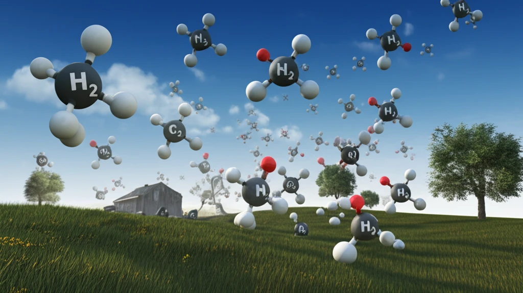 Surreal illustration of ammonia emissions transforming into clean air.