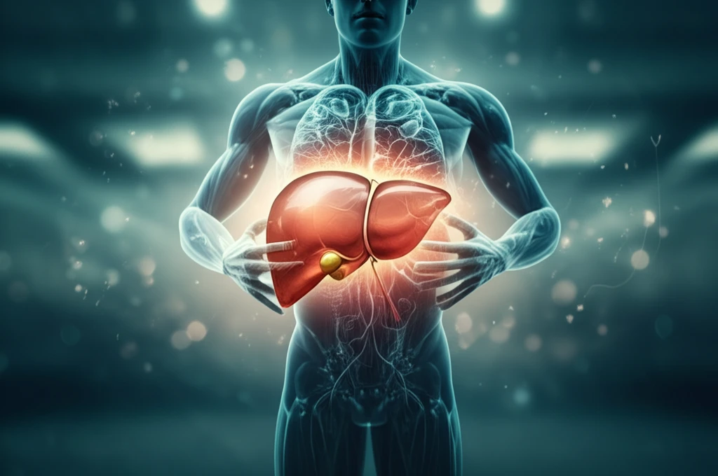 Illustration of a liver surrounded by light, representing laparoscopic liver resection.