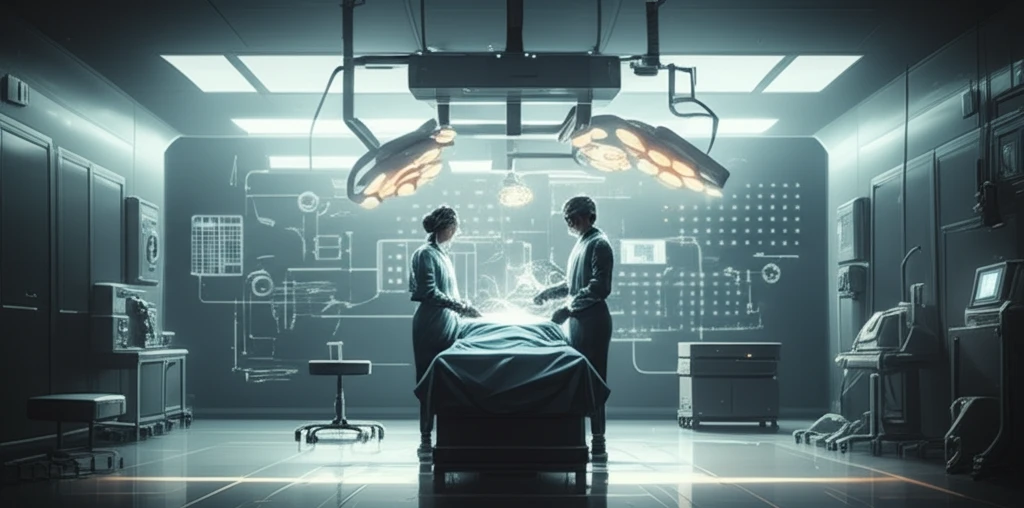 AI optimizing an operating room schedule with glowing lines connecting surgical tools and dates