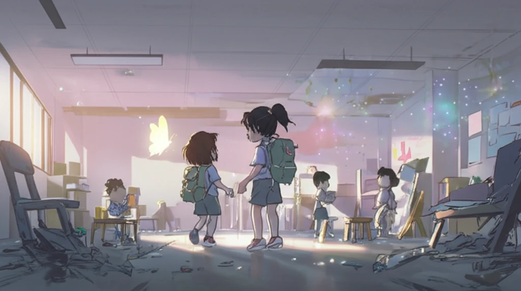 Diverse preschool children playing in a surreal, supportive kindergarten environment.