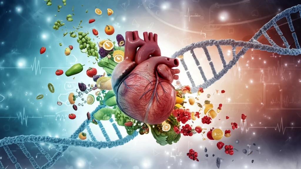 Surreal illustration of a heart intertwined with DNA, surrounded by healthy foods, symbolizing the connection between genetics, diet, and cardiovascular health.