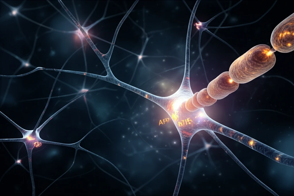 Interconnected neurons with glowing TrkB receptors and APP proteins