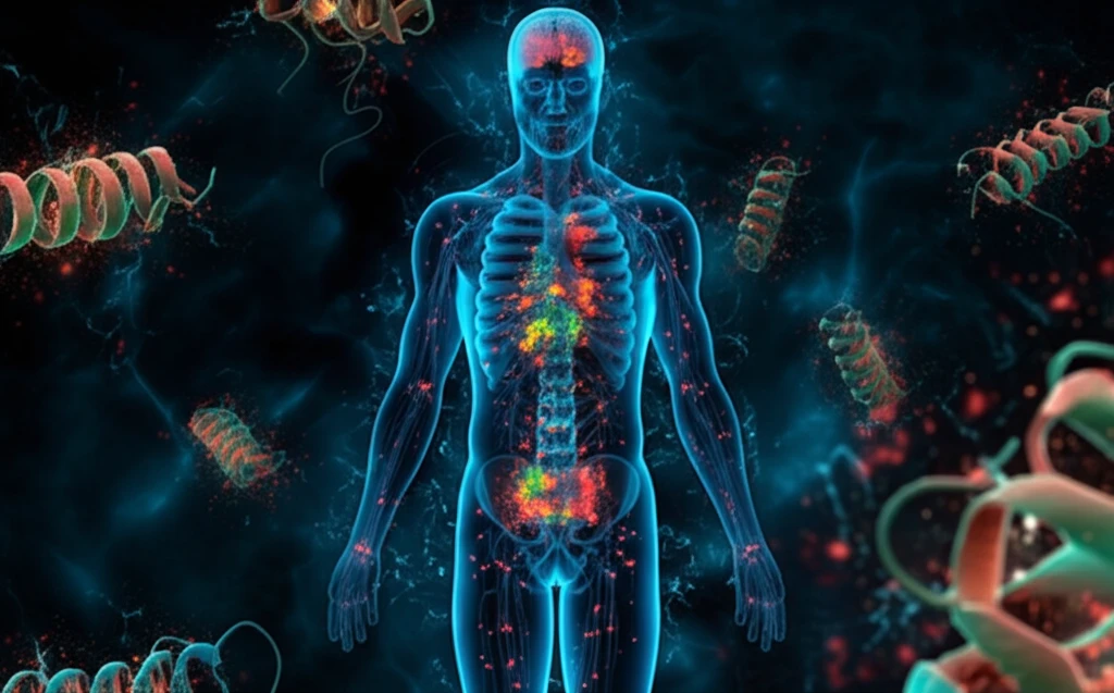 Surreal illustration of targeted cancer imaging with glowing protein structures.