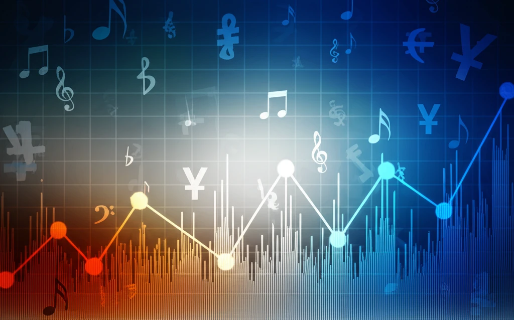 Abstract graph of a Lévy process with musical notes and financial symbols