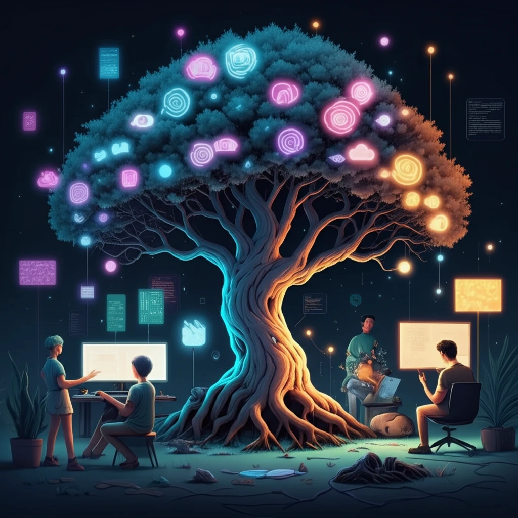 Diverse developers collaborating around a glowing open-source code tree, personalities visually represented as auras.